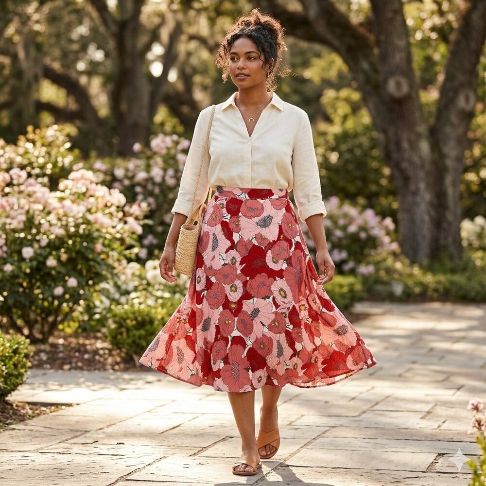 Oversized Floral Terracotta Midi Skirt Size 18 Ladylike Romantic Made India NWT